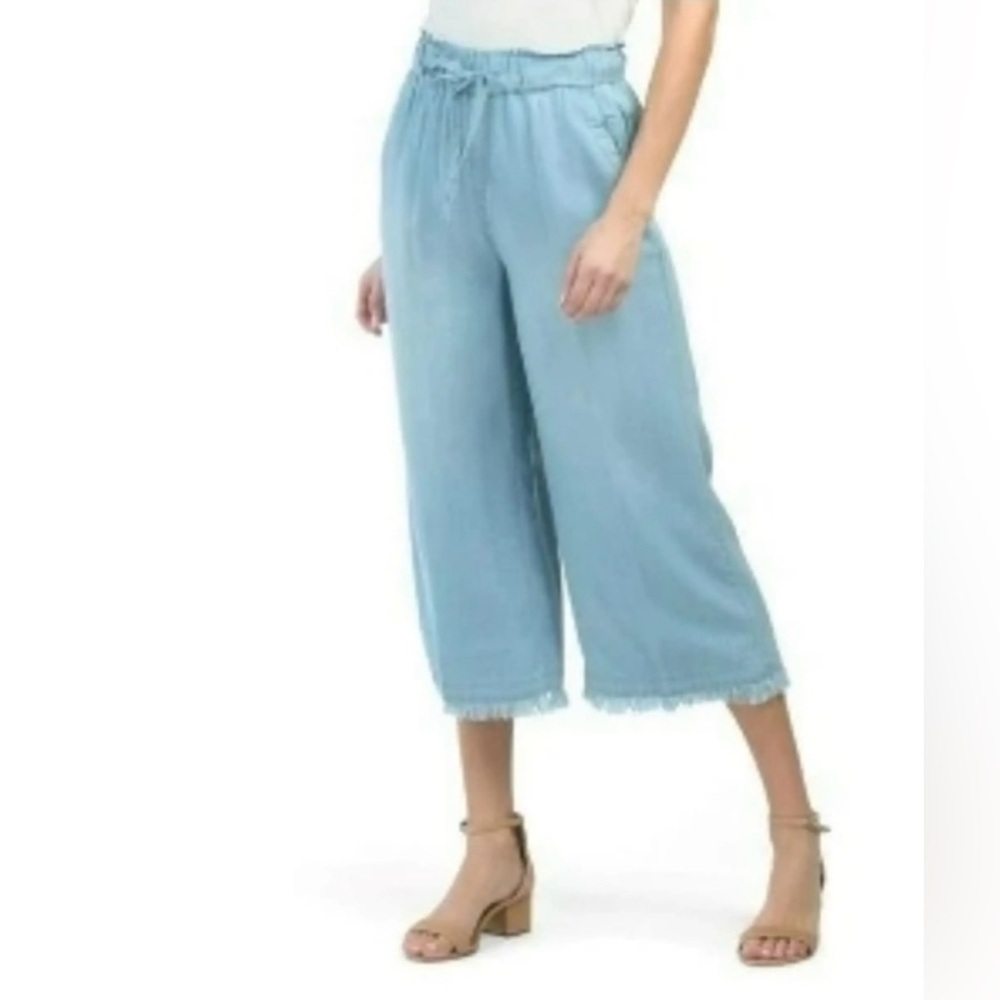 Zac & Rachel|Women's Chambray Blue Drawstring wide leg pants with raw hem•MED